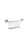 Silver metal wire hanging rack with white hooks by Alessi.