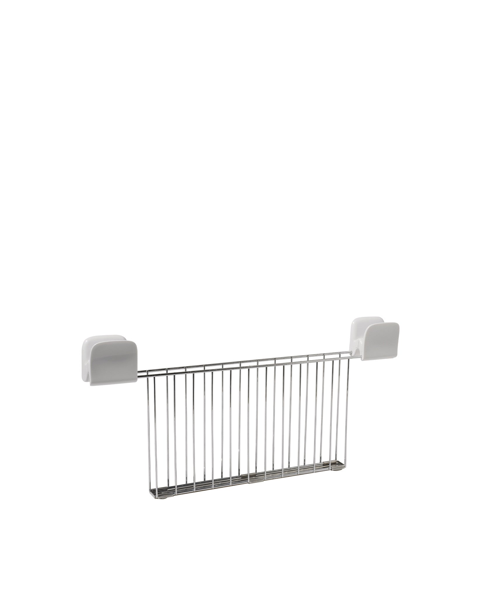 Silver metal wire hanging rack with white hooks by Alessi.