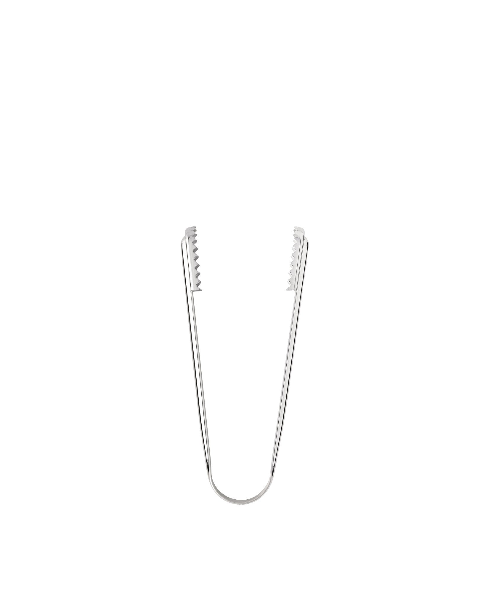 Silver metal tongs by Alessi with serrated gripping ends, standing upright.