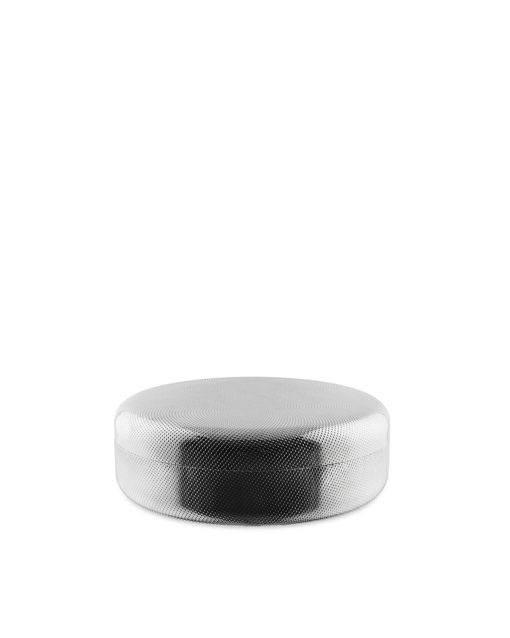 Round silver metal container by Alessi, featuring a distinctive dimpled texture.