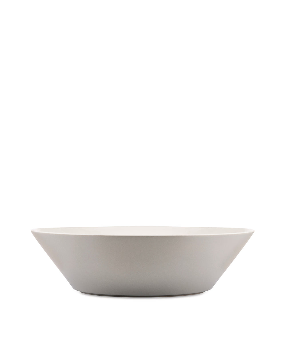 Light grey tapered bowl by Alessi with a matte finish and flat base, side view.