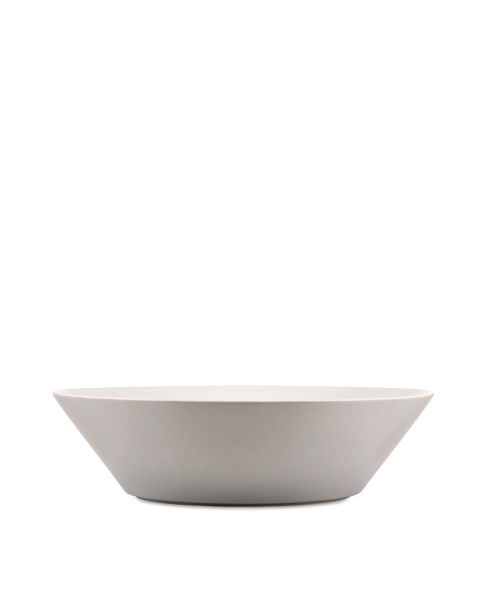 Light grey tapered bowl by Alessi with a matte finish and flat base, side view.