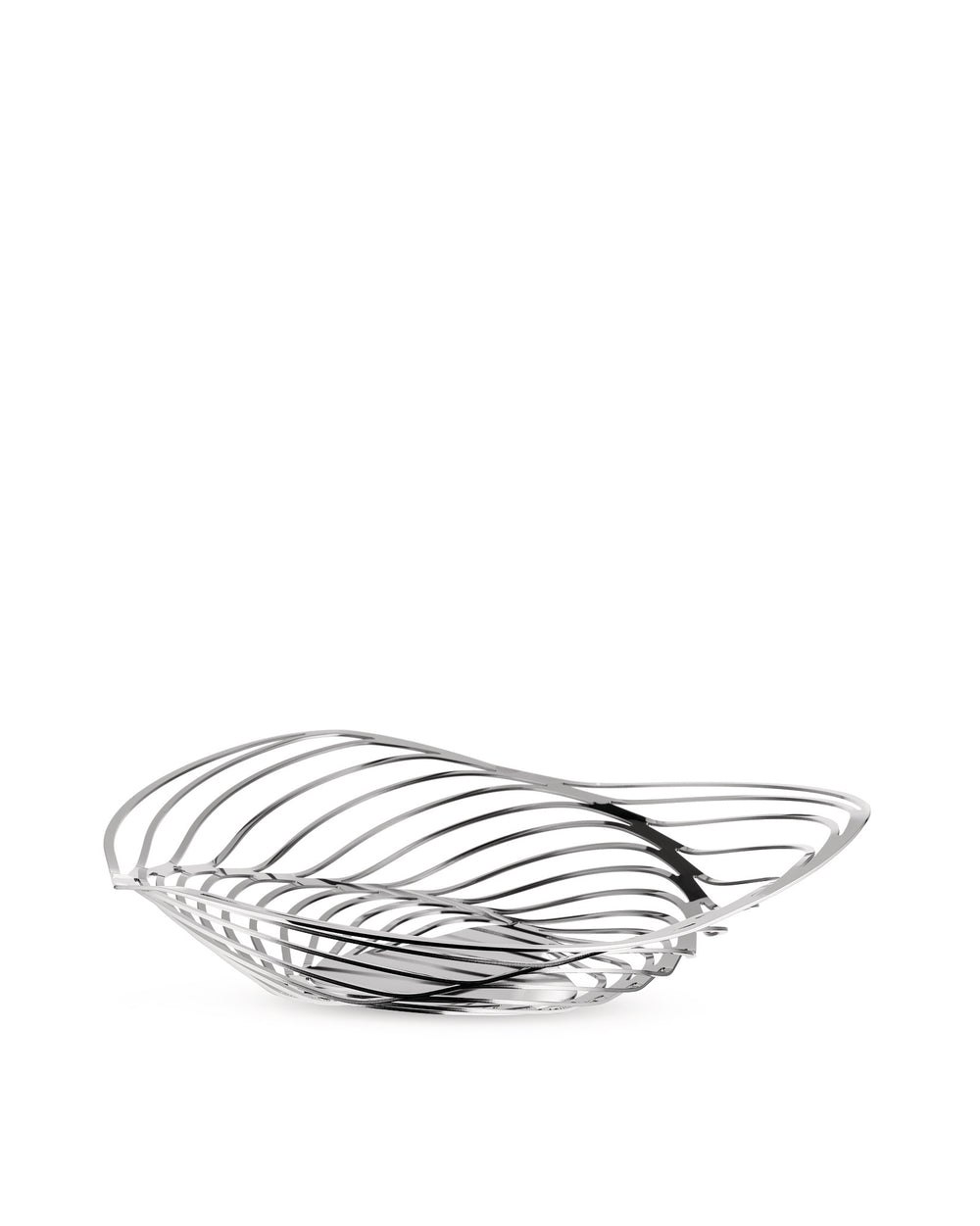 Silver metal fruit bowl by Alessi with a modern, sculptural wavy design, viewed from the side.