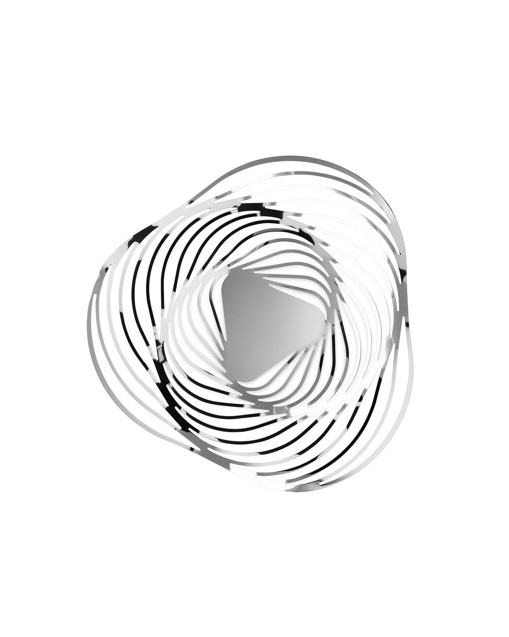 Silver metallic decorative centerpiece with a triangular base by Alessi, featuring swirling, overlapping abstract bands in polished chrome.