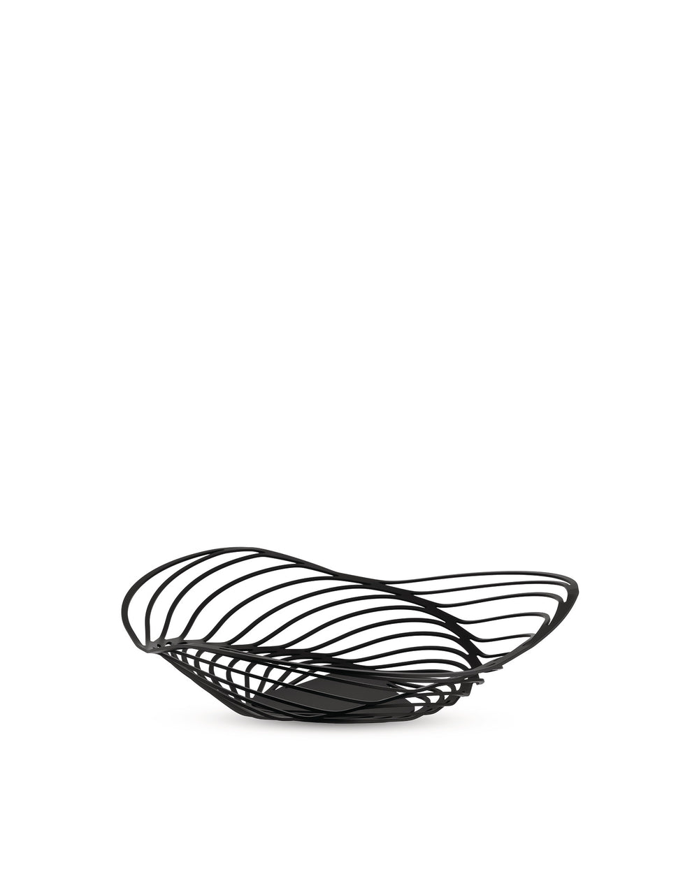 Black metal decorative bowl by Alessi, with an open, wavy, sculpted design.