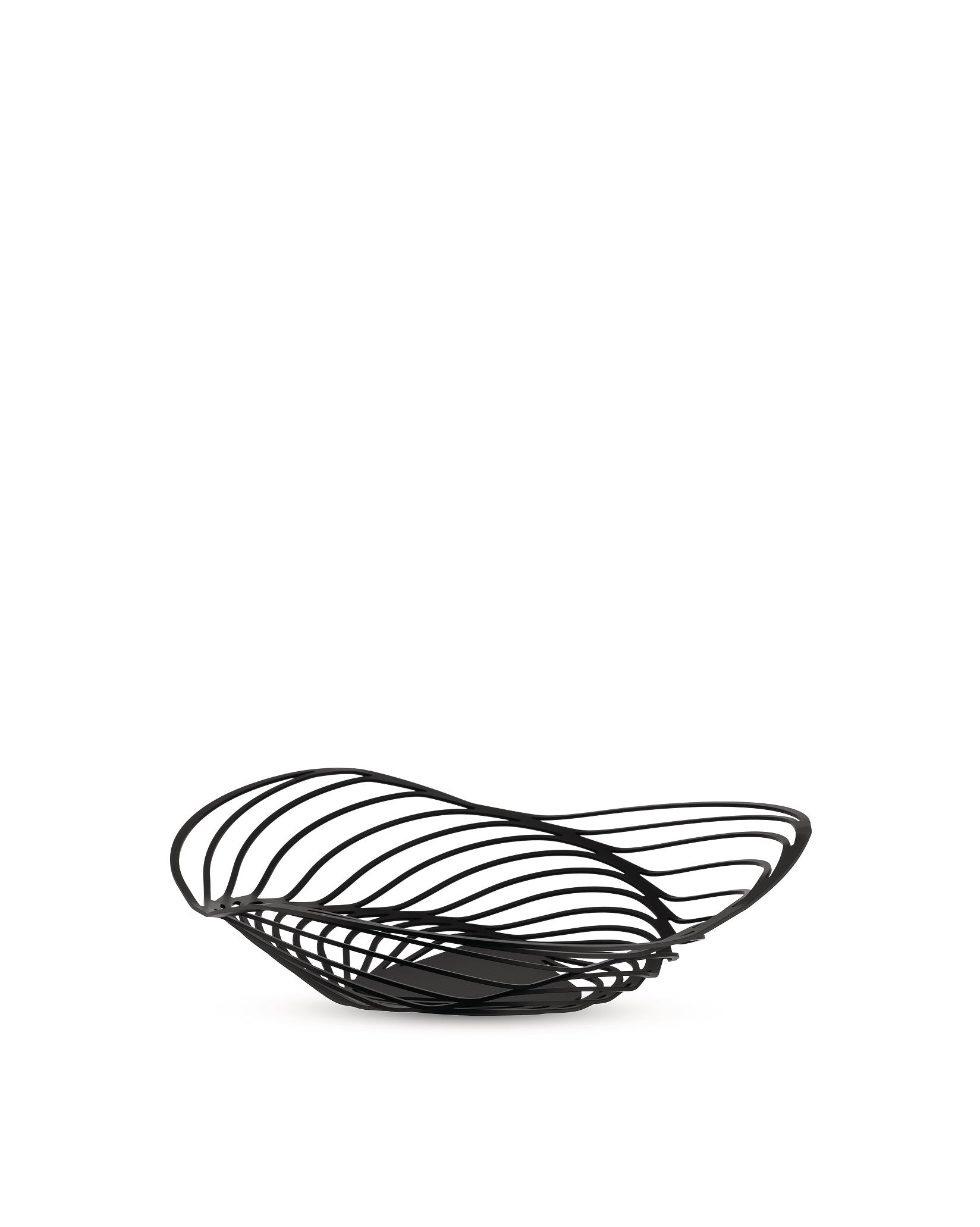 Black metal decorative bowl by Alessi, with an open, wavy, sculpted design.