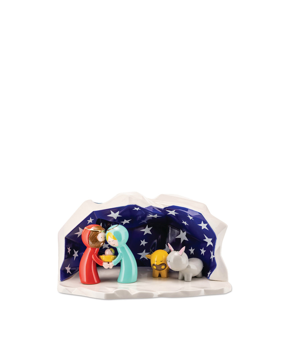 Colorful stylized nativity set by Alessi featuring Mary, Joseph, baby Jesus, ox, and donkey under a starry blue blanket.