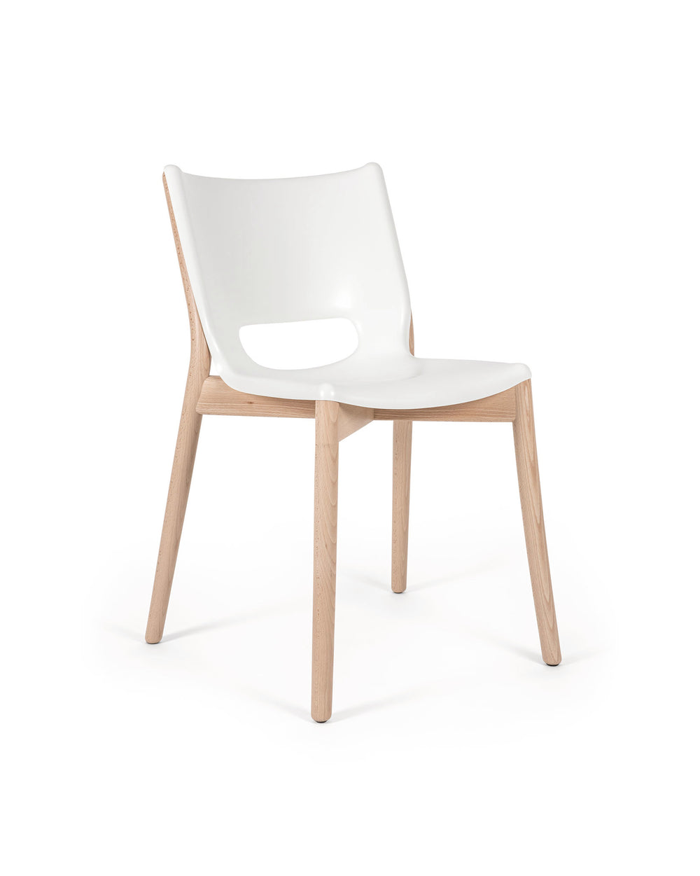 White chair with light wood legs by Alessi, featuring a modern sculpted seat and cutout backrest.