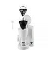 White pleated coffee maker by Alessi, shown disassembled with black reusable filter, measuring spoon, and glass carafe.