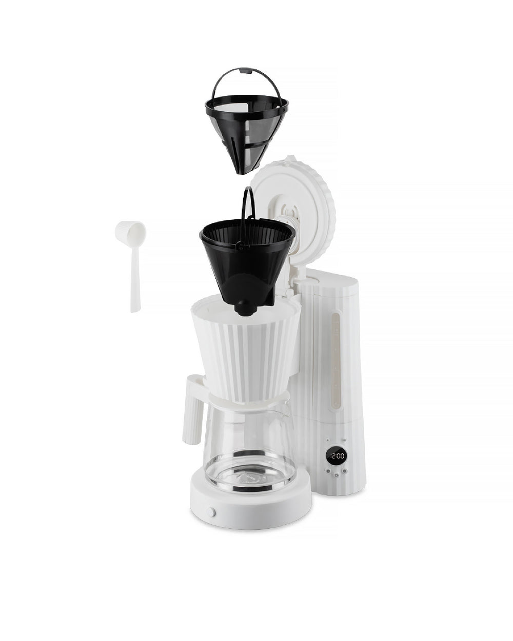 White pleated coffee maker by Alessi, shown disassembled with black reusable filter, measuring spoon, and glass carafe.