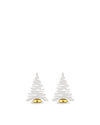 Two stylized white Barkplace Trees by Alessi, with a wavy cutout design, each featuring a shimmering gold dome on a white base.