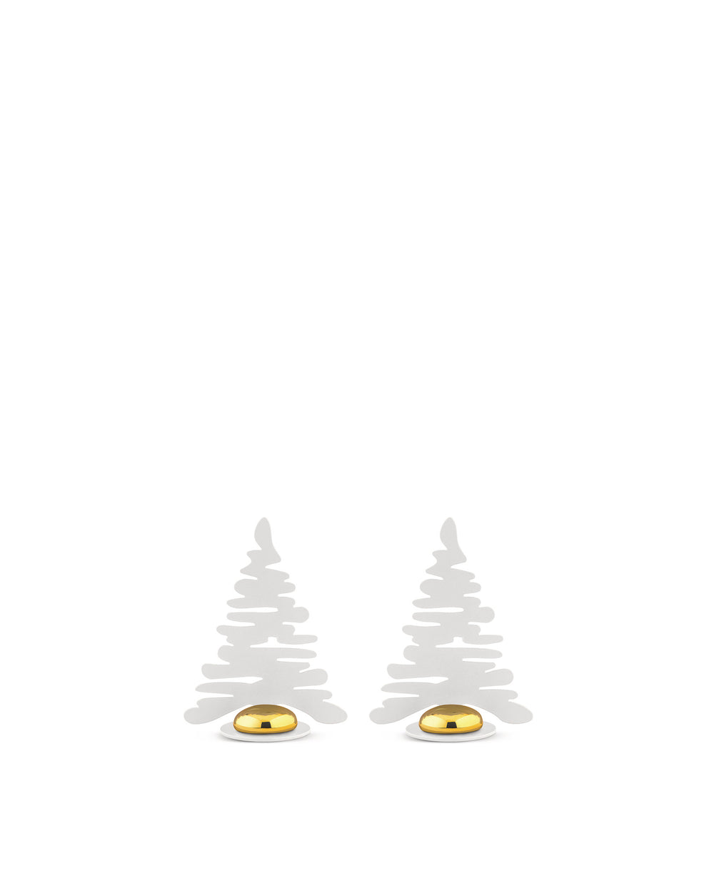 Two stylized white Barkplace Trees by Alessi, with a wavy cutout design, each featuring a shimmering gold dome on a white base.
