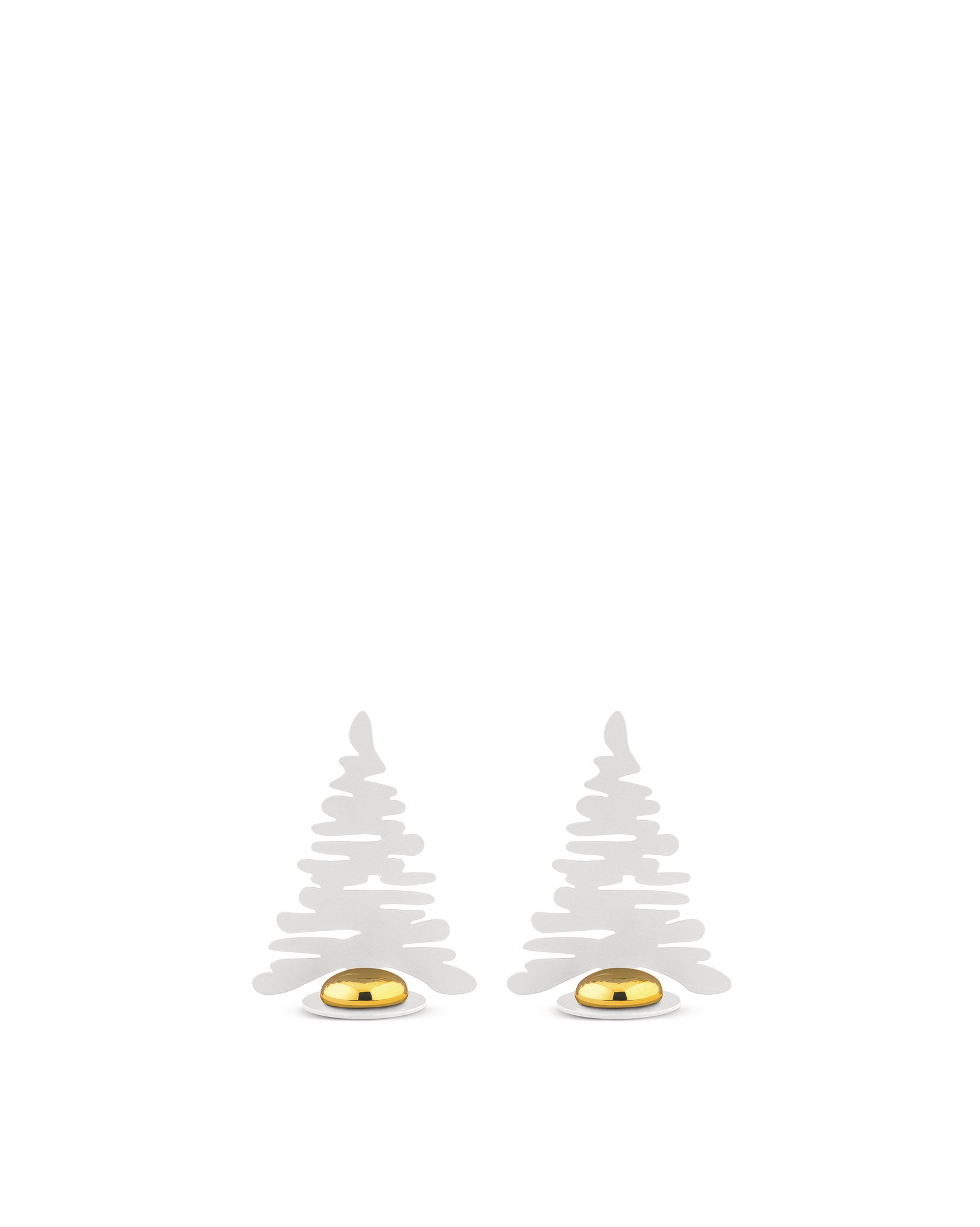 Two stylized white Barkplace Trees by Alessi, with a wavy cutout design, each featuring a shimmering gold dome on a white base.