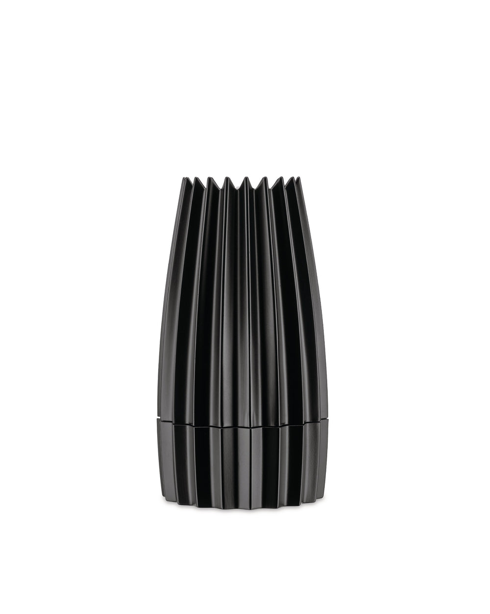 Black fluted grinder by Alessi, with a matte finish and sculptural design.