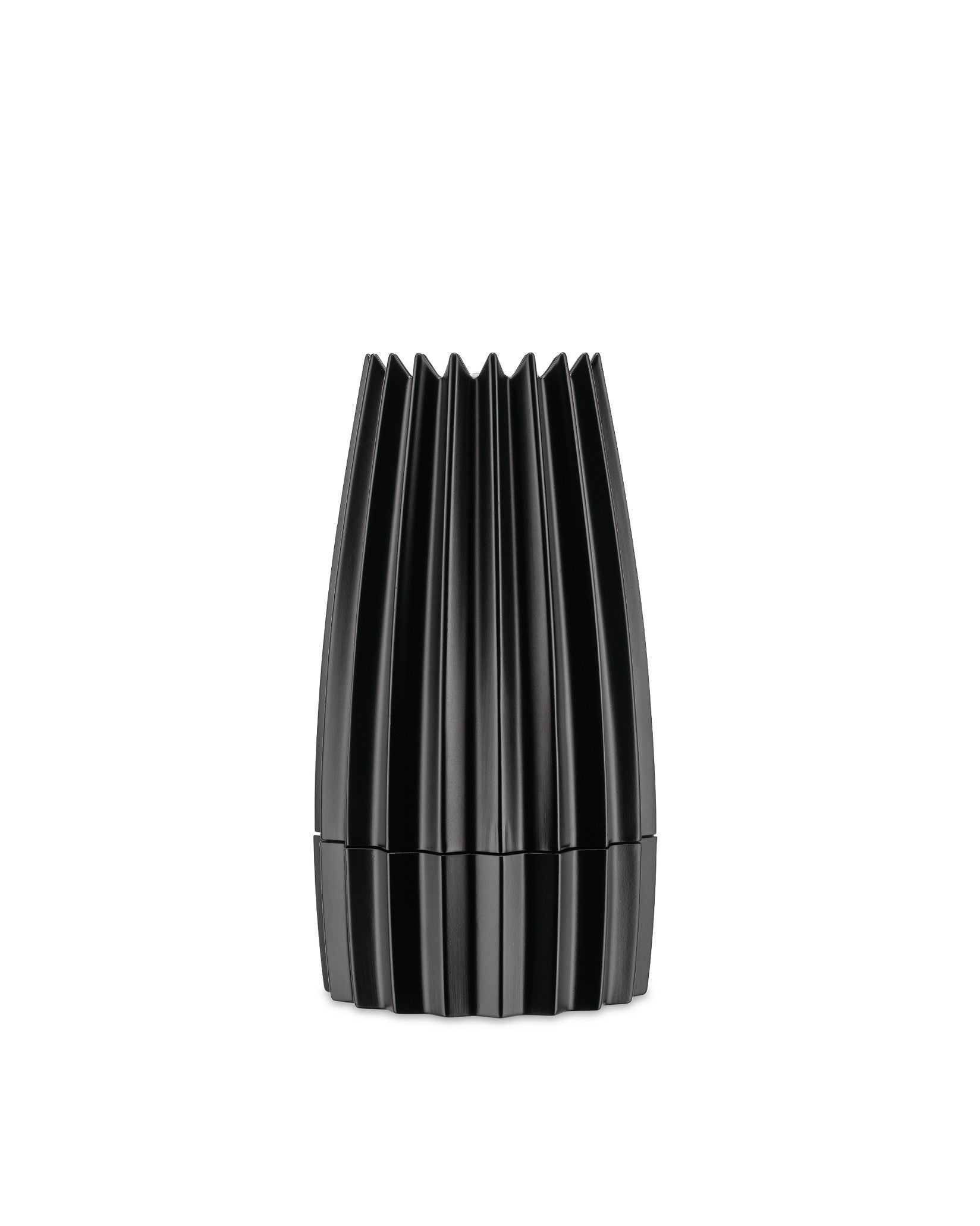 Black fluted grinder by Alessi, with a matte finish and sculptural design.