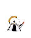 Silver whistling kettle by Alessi with a yellow handle and iconic red bird whistle.