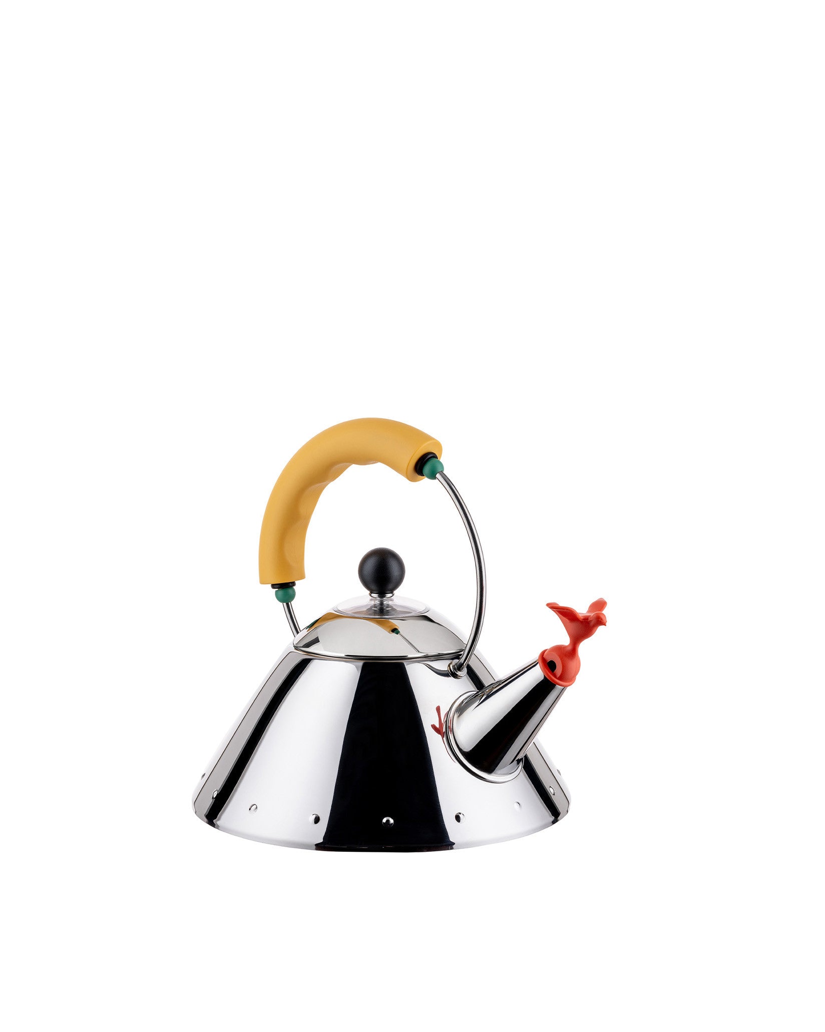 Chrome whistling kettle with a yellow handle by Alessi, featuring a red bird-shaped spout whistle.