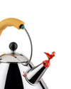 Polished stainless steel kettle by Alessi with a yellow handle, black knob, and red bird whistle.