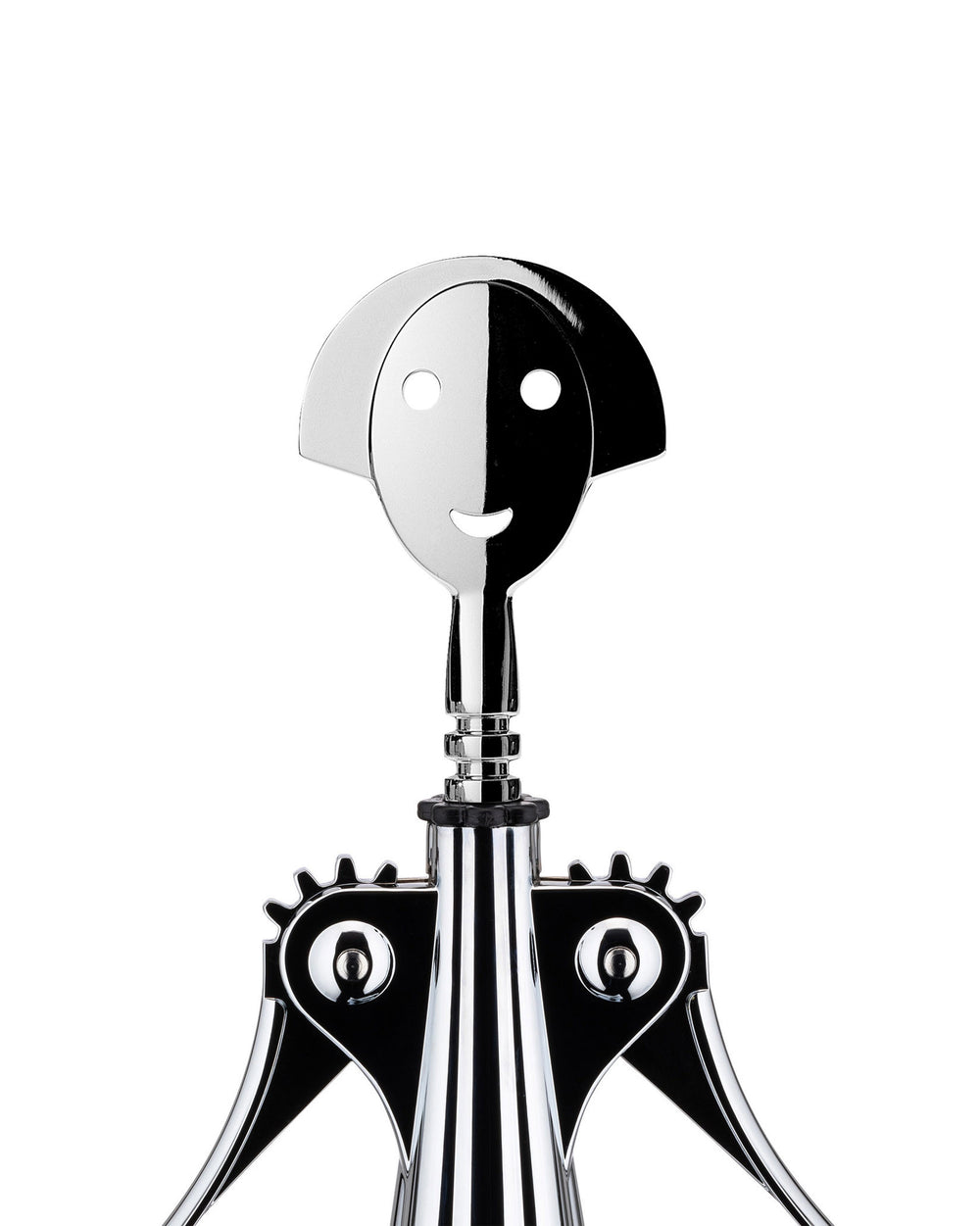 Polished chrome corkscrew by Alessi, featuring a black and white split smiling face and gear-like arms.