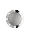 Silver metallic round basket by Alessi with cutout figures of people around the rim.