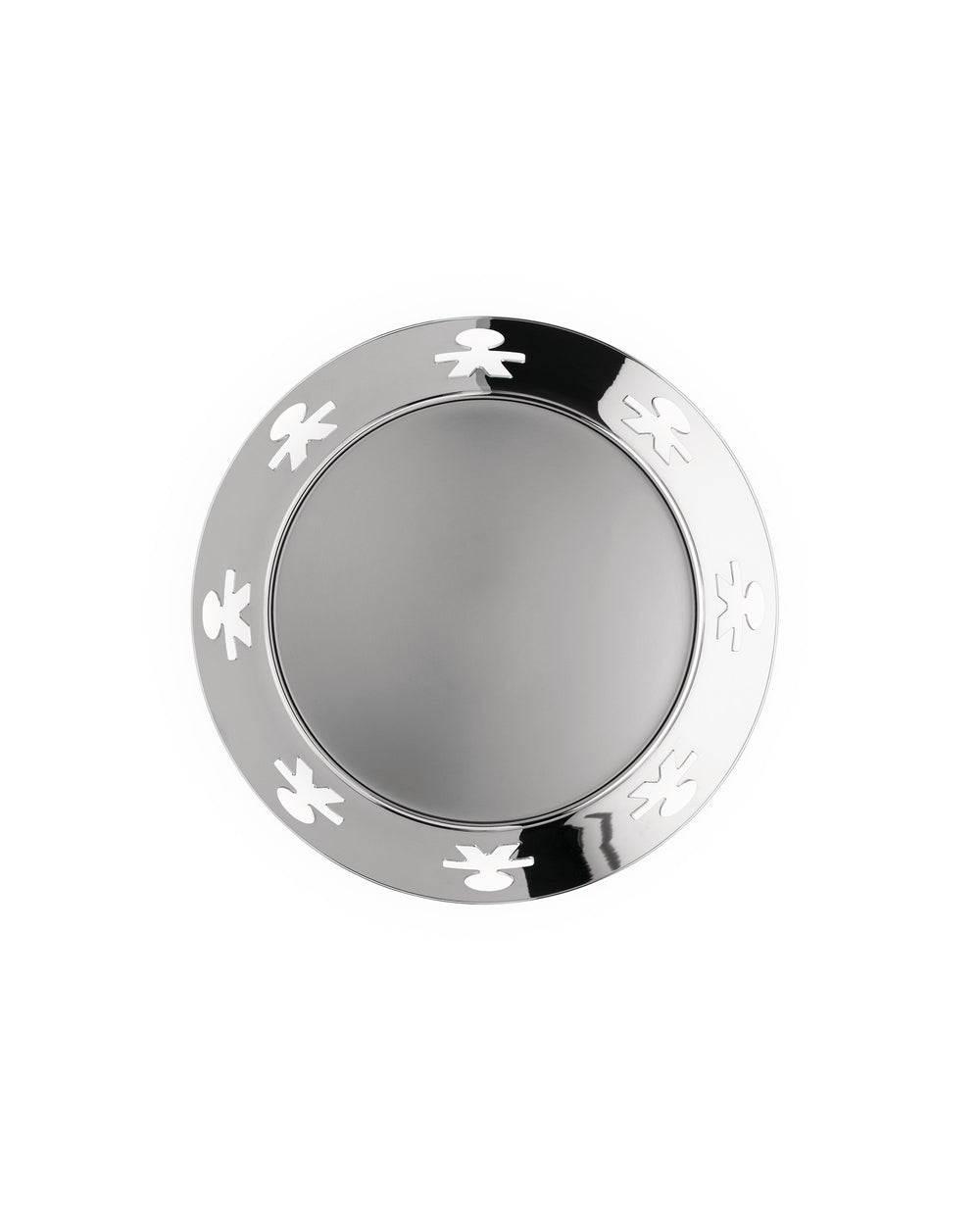 Silver metallic round basket by Alessi with cutout figures of people around the rim.